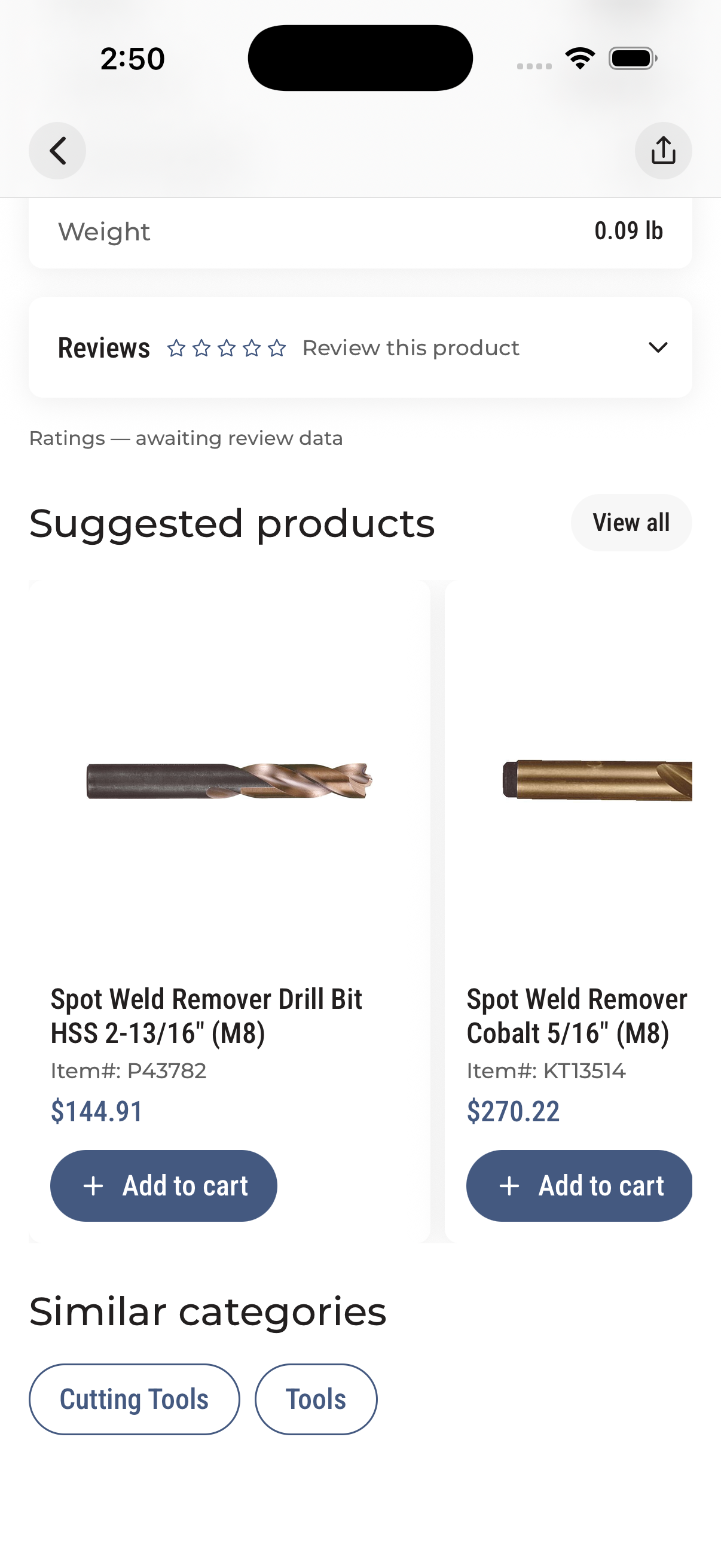 Kent Tool PDP rails showing real per-SKU prices (real iOS render)