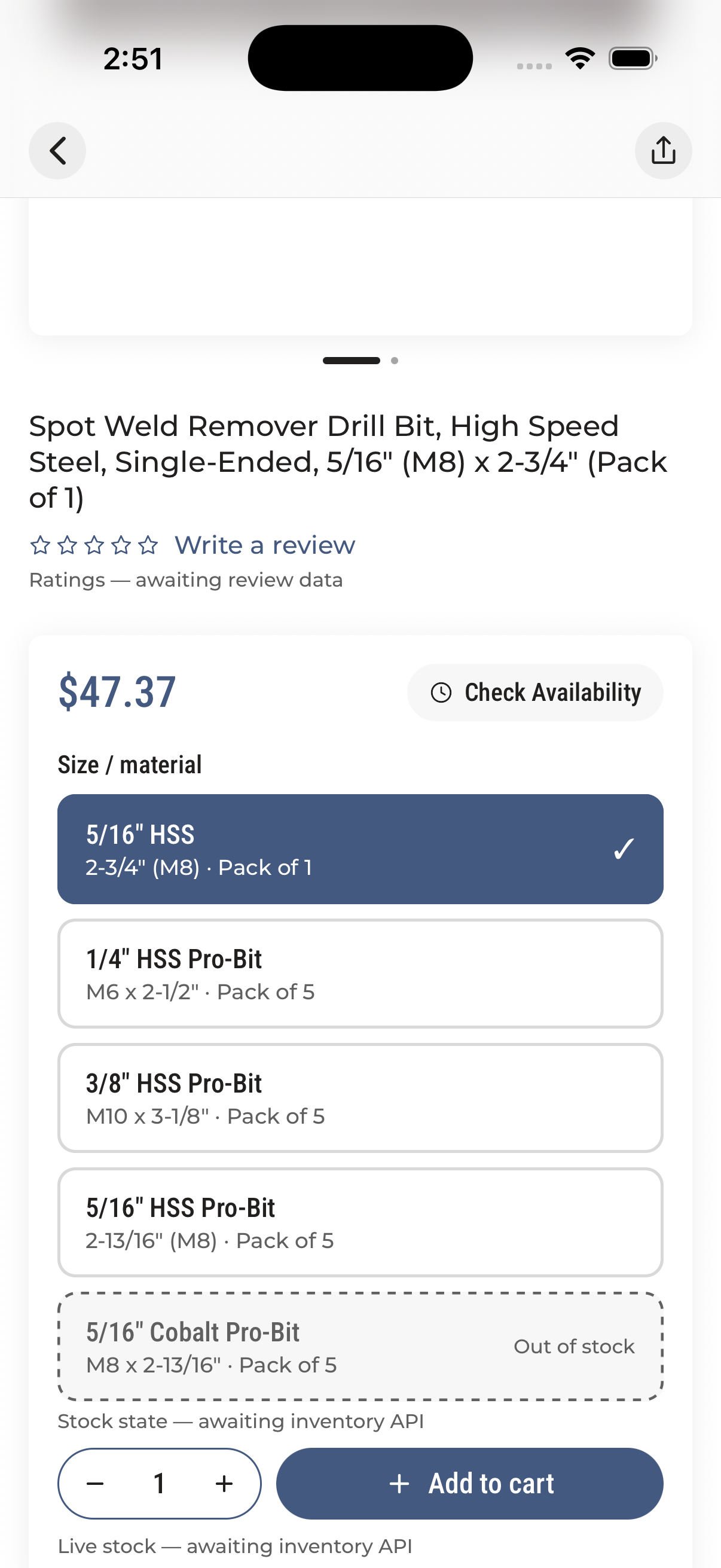 Kent Tool PDP — full-width stacked swatches, price in card (real iOS render)