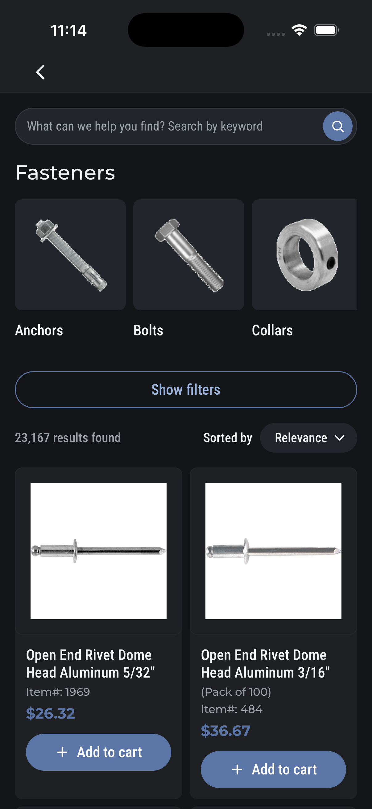 Kent Fasteners PLP, dark mode — real iOS simulator render