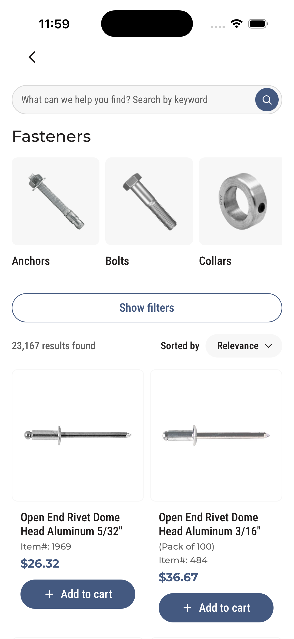 Kent Fasteners PLP, light mode — real iOS simulator render
