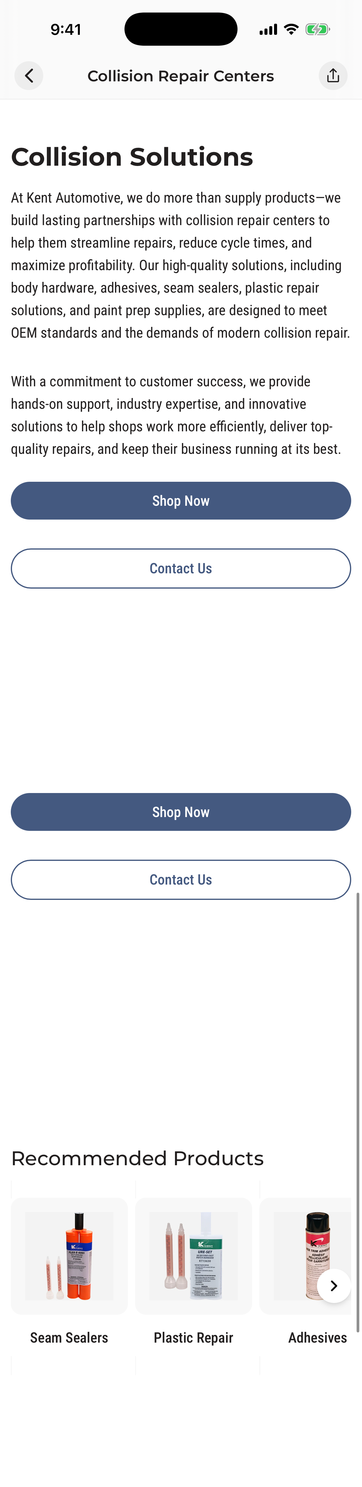 Full styled WebView CMS page, Collision Repair Centers, iPhone 17 Pro, top to bottom